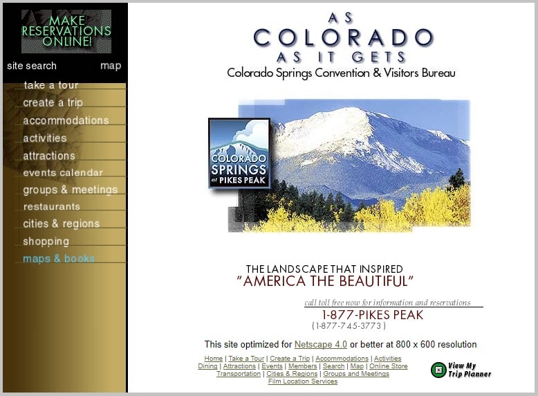 Colorado Springs Convention and Visitors Bureau website, spring, 1999